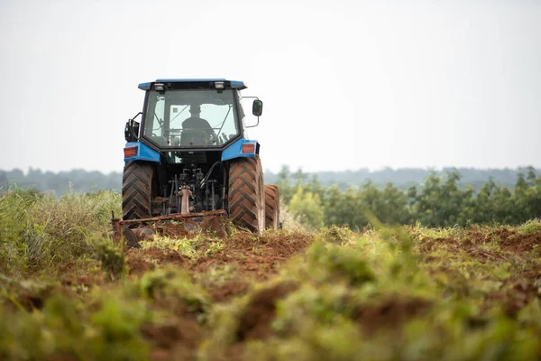 Синий Трактор Работающий Сельскохозяйственных Землях — стоковое фото