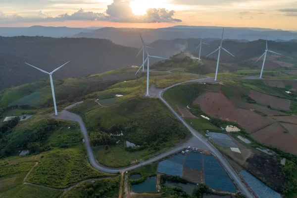 Vista Aérea Parque Eólico Durante Pôr Sol — Fotografia de Stock