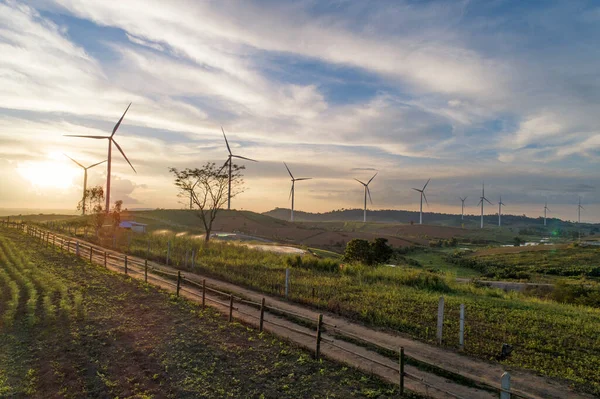 Vista Aérea Parque Eólico Durante Pôr Sol — Fotografia de Stock