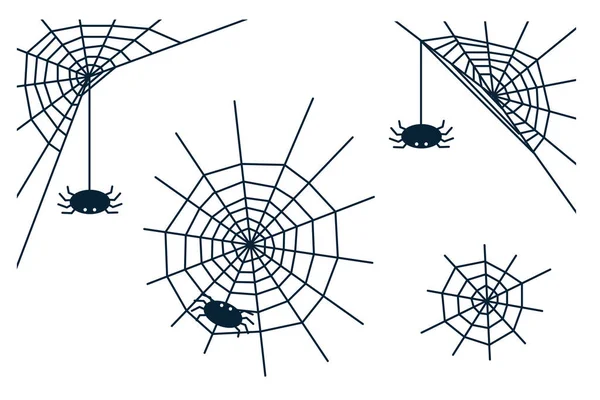 Набор пауков Хэллоуина и паутины черной изолированной иллюстрации на белом фоне. Иконки контуров Векторная Графика