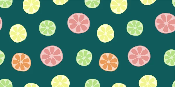 Padrão sem costura de frutas cítricas. Fundo infinito colorido brilhante com toranja, laranja, limão e limão — Vetor de Stock