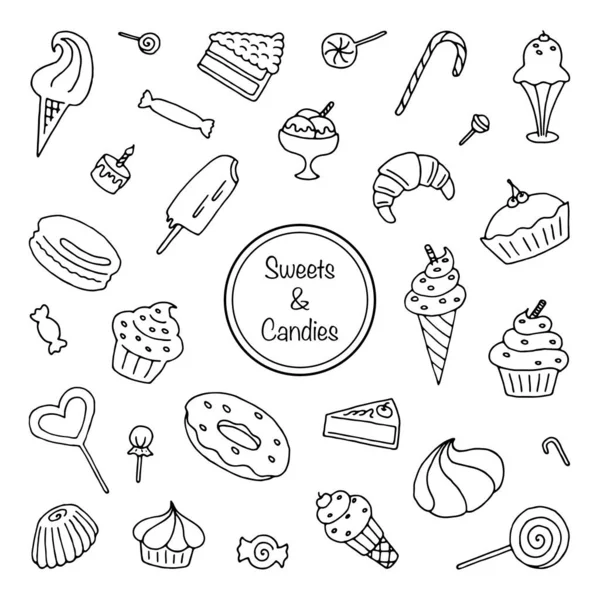 Набор сладостей. Редактируемые иконки десерта. Коллекция кексов, тортов, конфет, кексов, мороженого, леденцов Лицензионные Стоковые Векторы