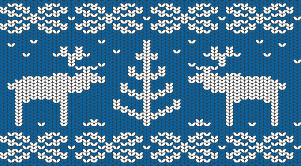 Elle örülmüş, dikişsiz desen. Geyikli, Noel ağaçlı ve kar taneli mavi kazak. Düzenlenebilir süs.