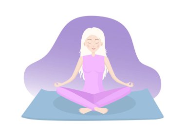 Genç, zayıf sarışın kız, tek başına meditasyon yapıyor. Nilüfer pozisyonunda yoga minderinde oturuyor. Düzenlenebilir bir illüstrasyon.