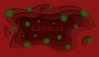 Coronavirus pankartı sanatı kesti. Virüs bakteri hücreleri ile kırmızı arkaplan kağıt kesim tasarımı