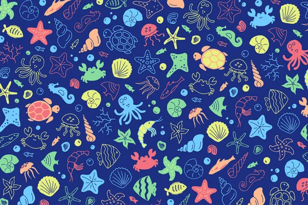Espécies de fundo do mar desenho à mão impressão do doodle na paleta azul brilhante — Vetor de Stock