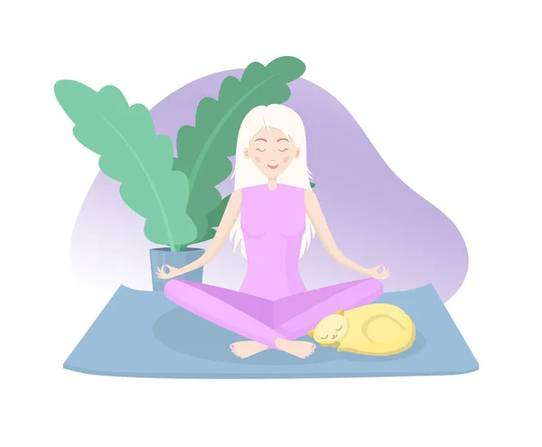 Молодая стройная блондинка медитирует сидя на коврике для йоги в позе лотоса и спящая кошка изолированная редактируемая иллюстрация Лицензионные Стоковые Иллюстрации