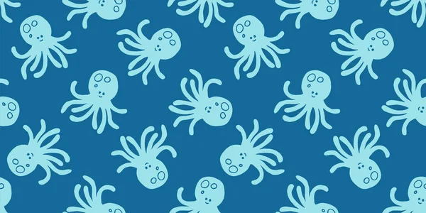 Ahtapot kusursuz desen. Karalama el çizimi düzenlenebilir deniz çizimi. Mavi deniz karikatürü, sonsuz arkaplan. 