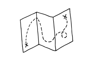 Kağıt katlanmış harita üzerinde düzenlenebilir karalama el çizimi simgesi var. Kamp, yürüyüş, yerel turizm illüstrasyonu haritası
