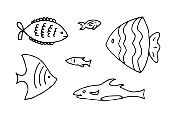 Balık karalama el çizimi çizimi çizimi beyaz arkaplanda ince doğrusal balık koleksiyonu