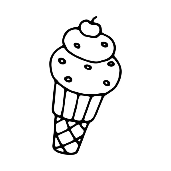 Мороженое в вафельной чашке очертания каракули изолированные иллюстрации на белом фоне. Иконка конического десерта — стоковый вектор