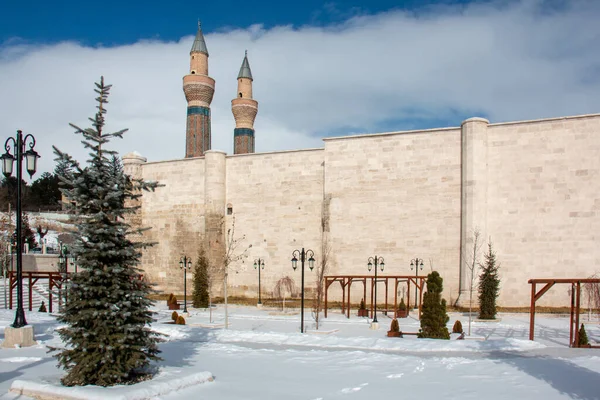 Janeiro 2020 Sivas Turquia Minarete Duplo Madrasa Sivas — Fotografia de Stock