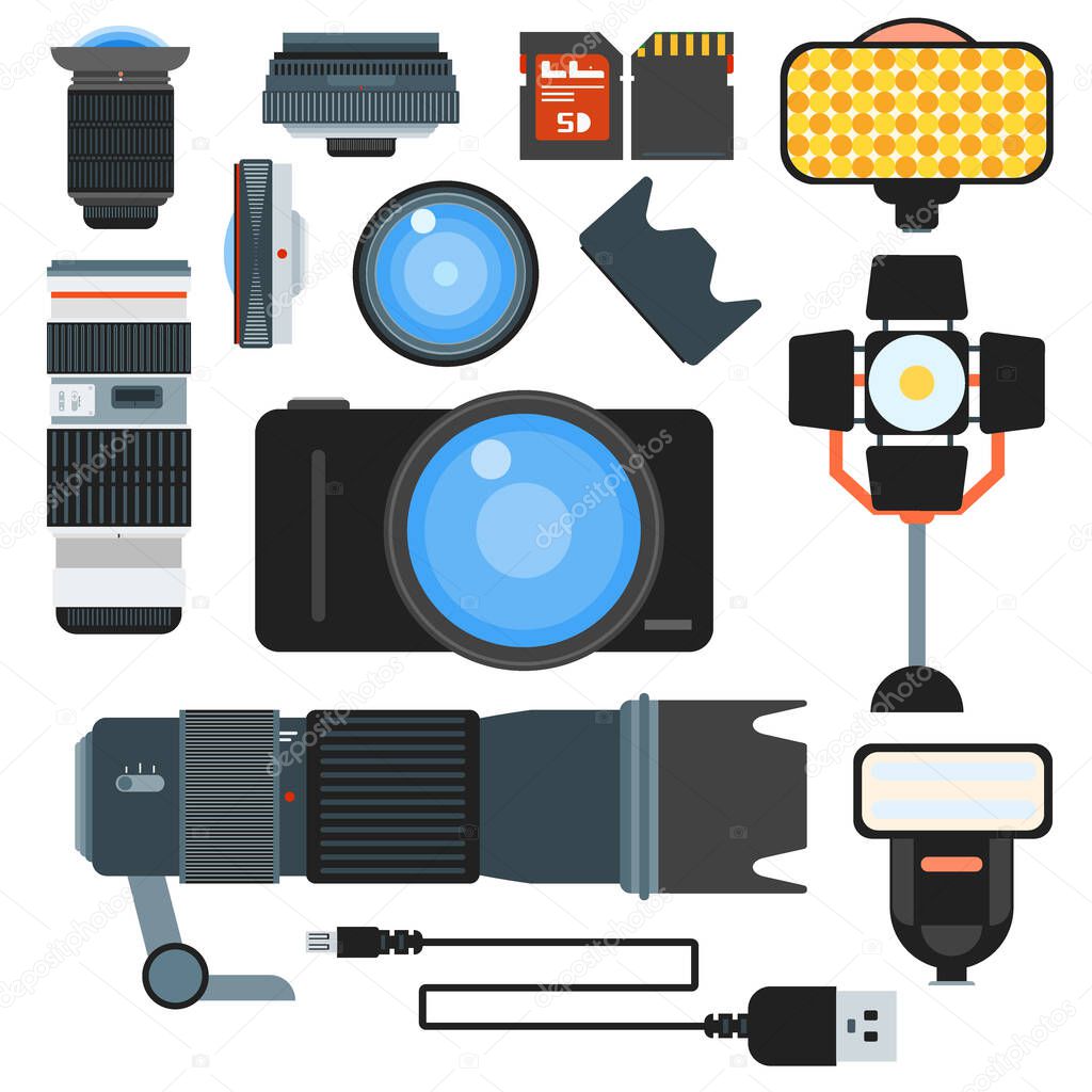 Set of camera lens flat icons vector illustration. Collection of camera lens photography, equipment, digital, technology. Focus optical macro zoom professional shutter camera lens set.