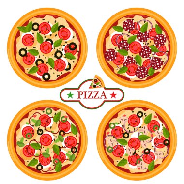 Pizzayla ilgili resimler. Pizzalar, logolar, İtalyan aşçılar ve pizza teslimatı. İnce dilimlenmiş pepperoni popüler bir pizza soslu pizzadır. Pizza, İtalyan peyniri akşam yemeği sembolü..