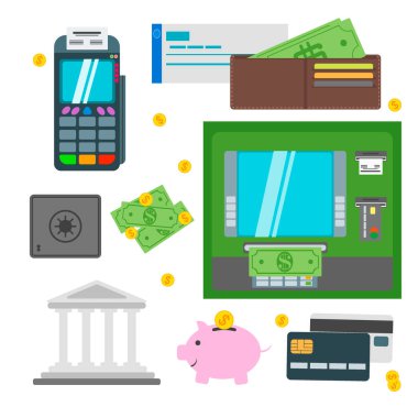 Para, ATM, para makinesi vektör simgeleri ayarlandı. Ödeme tasarımı ATM ikonları self servis terminalleri dolar, kredi iş işareti. Finans ve iş vektörü ATM para kartı simgeleri.