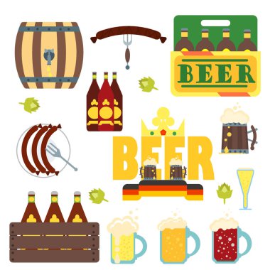 Oktoberfest için beyaz vektörde izole edilmiş düz dizayn simgeleri. Bir dizi Alman Oktoberfest vektör tasarım elementleri. Bavyera cam tasarım festivali geleneksel Ekim işareti.