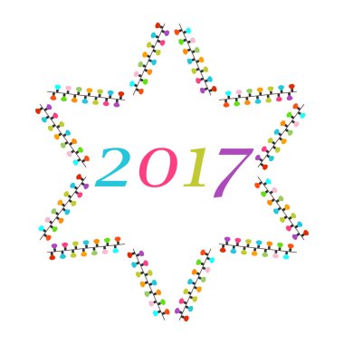 İçinde renkli noel çelengi olan Noel kartı şablonu. Vektör illüstrasyon Noel tebrik kartı 2017. Kutlama partisi için kışı kutlayan çelenk yıldızı nişanı.