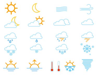 Hava durumu ikonları rüzgarlı bulut meteorolojisi. Kar tanelerinin simgesi kar fırtınası ikonlarının termometre elementi. Bulutlu soğuk ay ve yağmurlu iklim iklimi ikonaları güneşli hava tahminleri.
