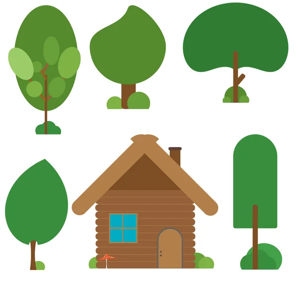 Casa Cabaña Madera Ilustración Del Bosque Paisaje Verde Árbol Madera — Vector de stock