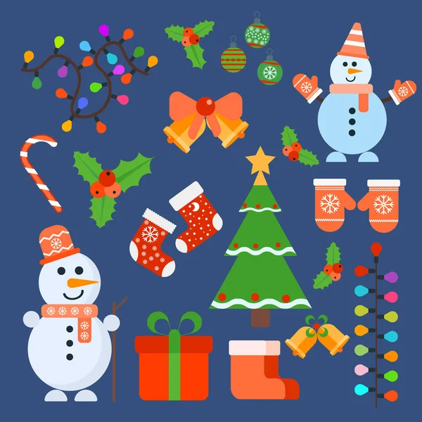 Navidad Iconos Retro Elementos Ilustraciones Regalo Decoración Muñeco Nieve Árbol — Vector de stock