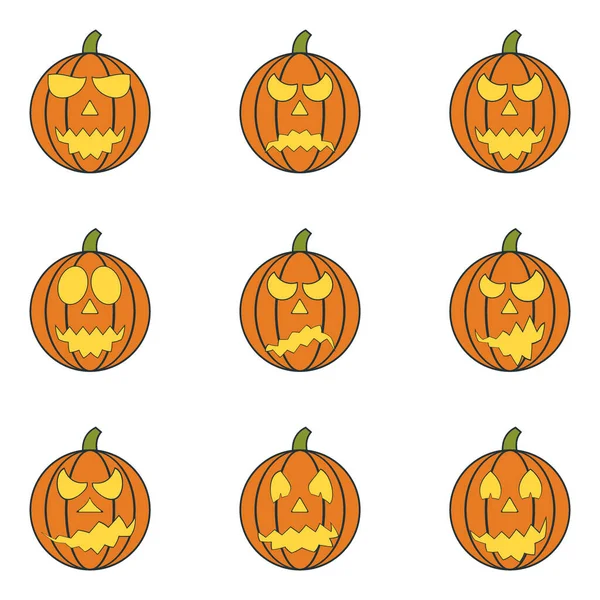 Pon Calabazas Para Halloween Conjunto Espeluznantes Linternas Halloween Jack Halloween — Vector de stock