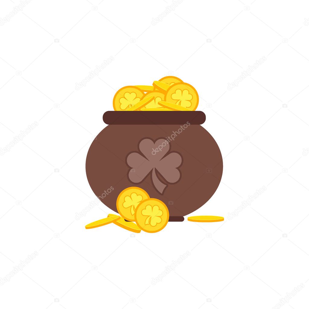 Pot with gold coin for Patrick's day. vector illustration pot with coins isolated on white background. Treasure golden coin luck irish wealth patrick sign.