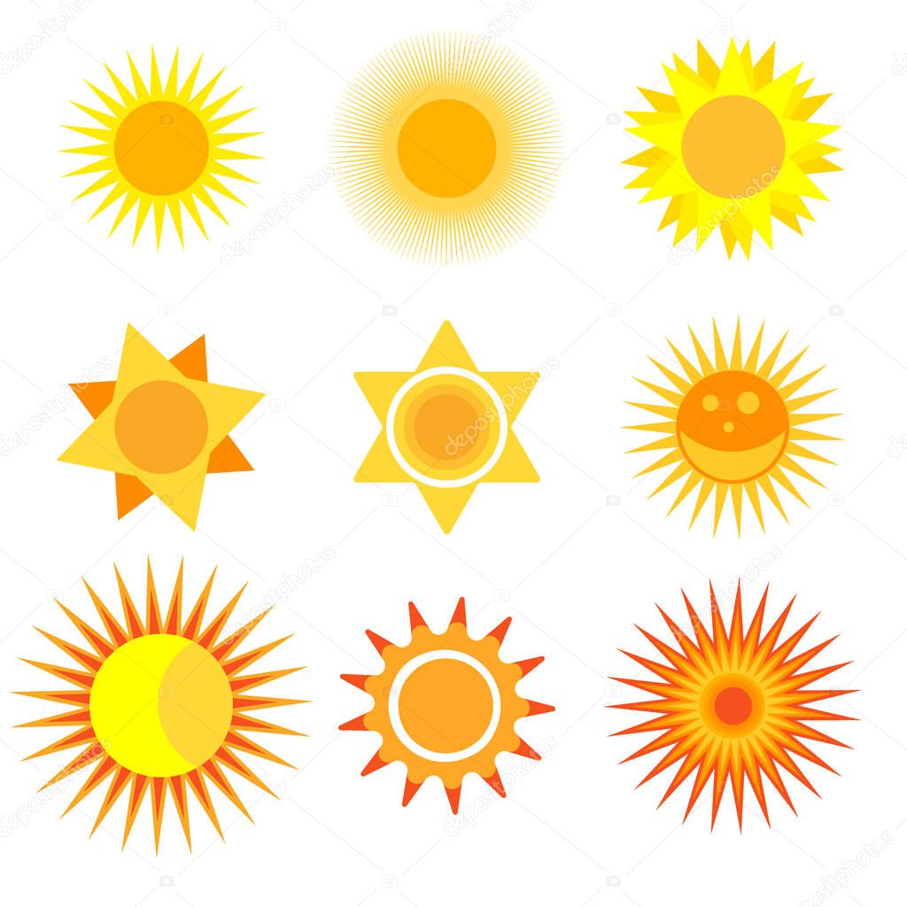 Collection of vector suns. Sunlight isolated design symbol hot nature drawing object. Sunshine weather heat sign summer yellow sunrise. Flat silhouette bright, summer style sun collection.