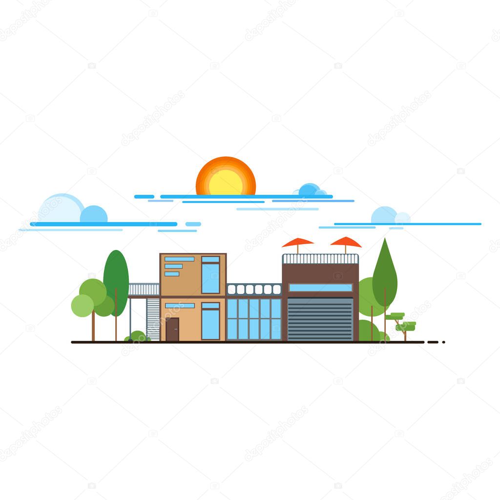 Flat design modern vector illustration icons set of urban landscape and city life. Buildings colorful icons flat design urban landscape illustration. City urban landscape architecture cityscape town.