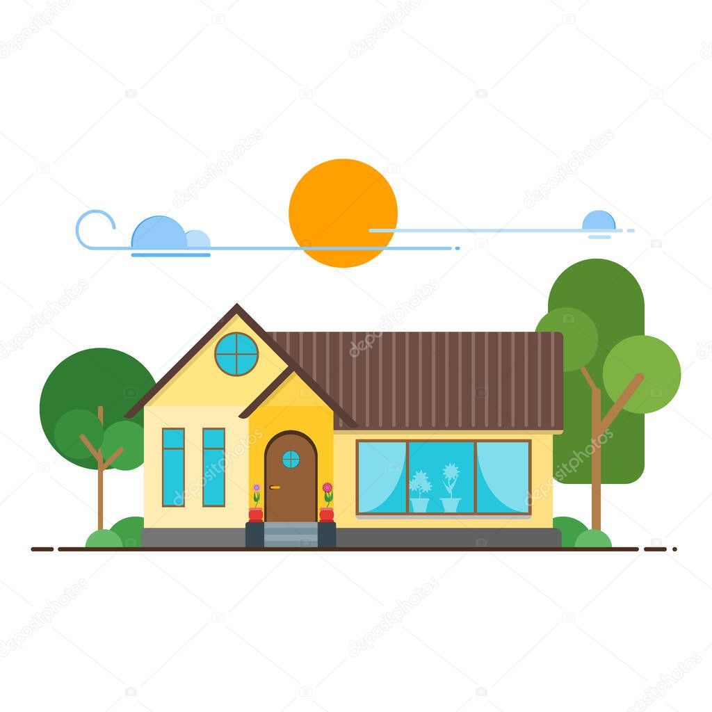 Cool flat line cityscape downtown house building. Urban linear cityscape with trees. Flat design modern vector urban landscape and city life. Cityscape row townhouse small town street building facade.
