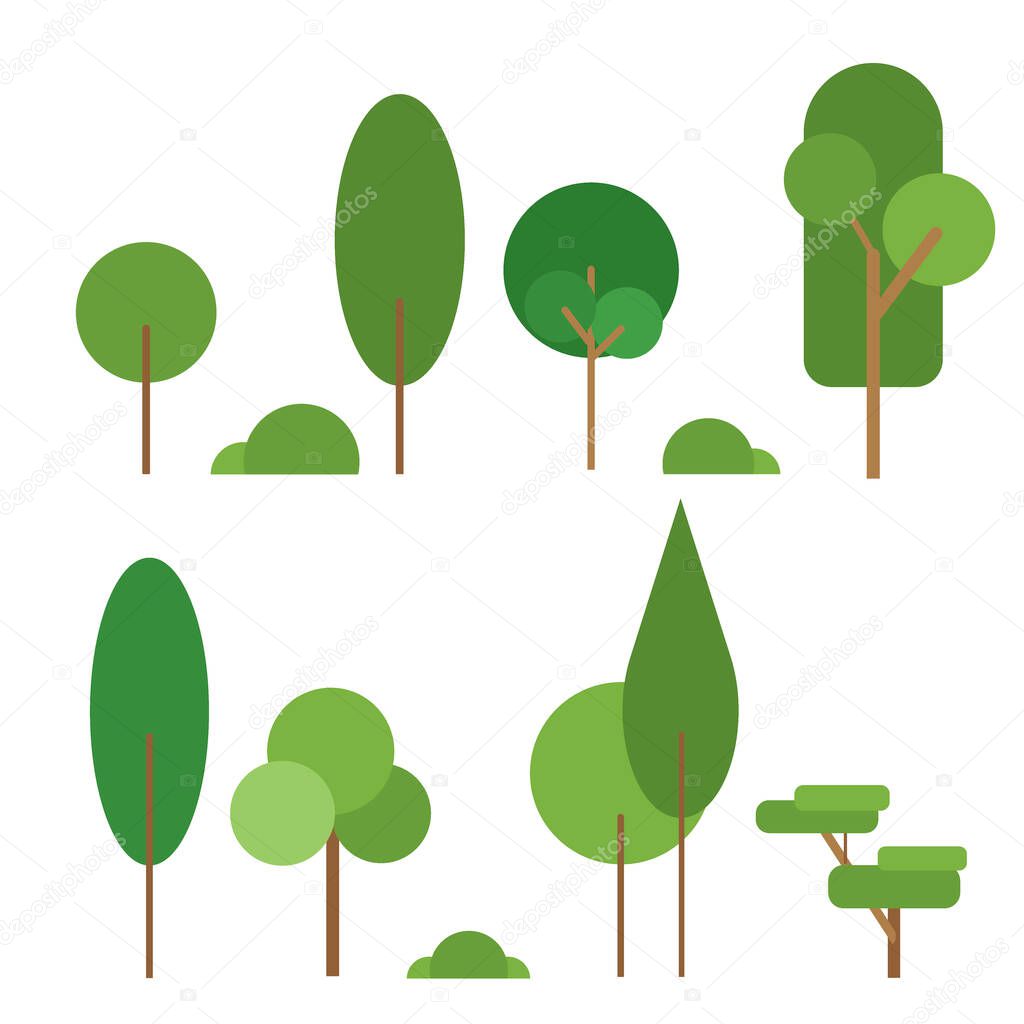 Set of abstract stylized trees. Natural trees vector illustration. Cartoon trees green nature and summer forest green trees collection. Trees leaf green plants and ecology forest oak trees eco branch.