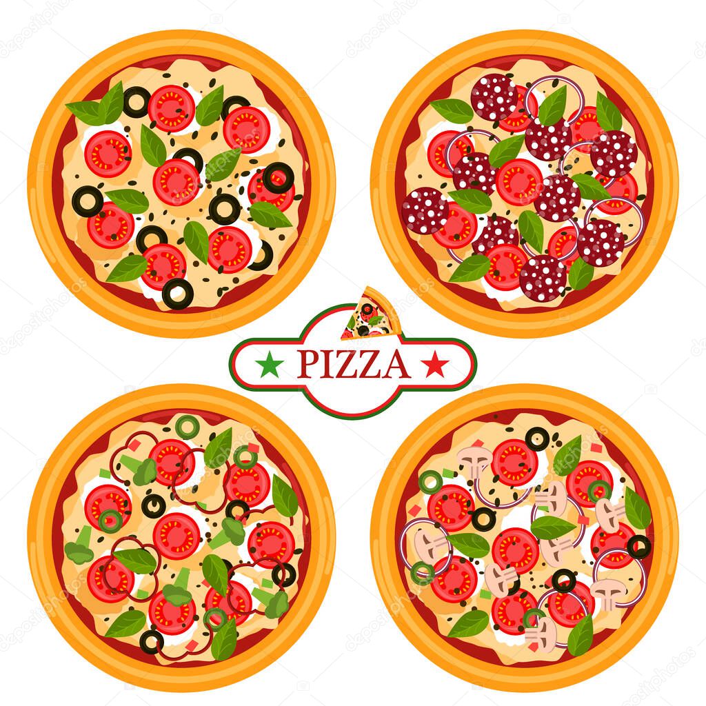 Pizza related pictures kinds of pizza on board, logos, italian cook and pizza delivery. Thinly sliced pepperoni is a popular pizza topping pizzerias. Pizza food italian cheese dinner symbol.