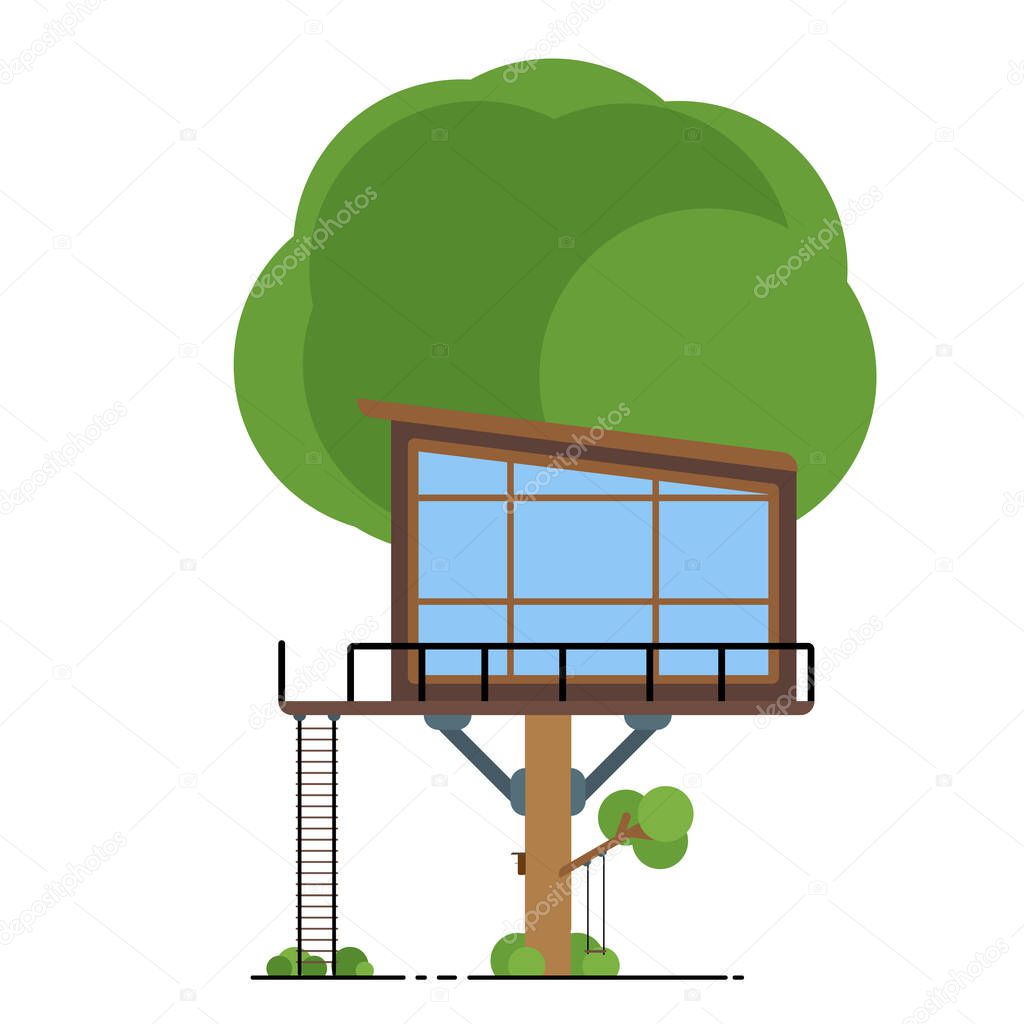Tree house. House on tree for kids architecture summer ladder. Children playground with swing and ladder. Flat style vector illustration. Outdoor green small vector tree house nature playhouse.