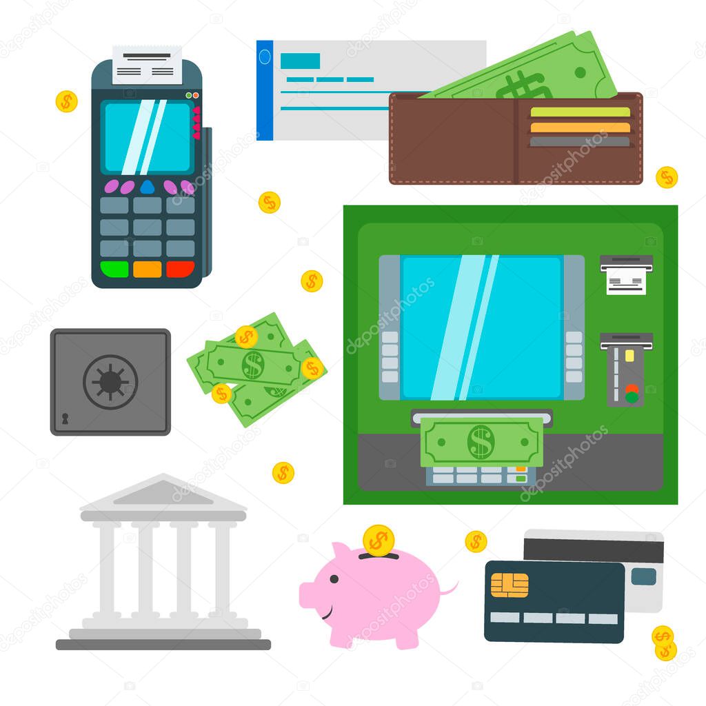 Money, ATM - cash machine vector icons set. Payment design atm icons self-service terminals currency dollar, credit business sign. Finance and business vector atm icons money bank card.