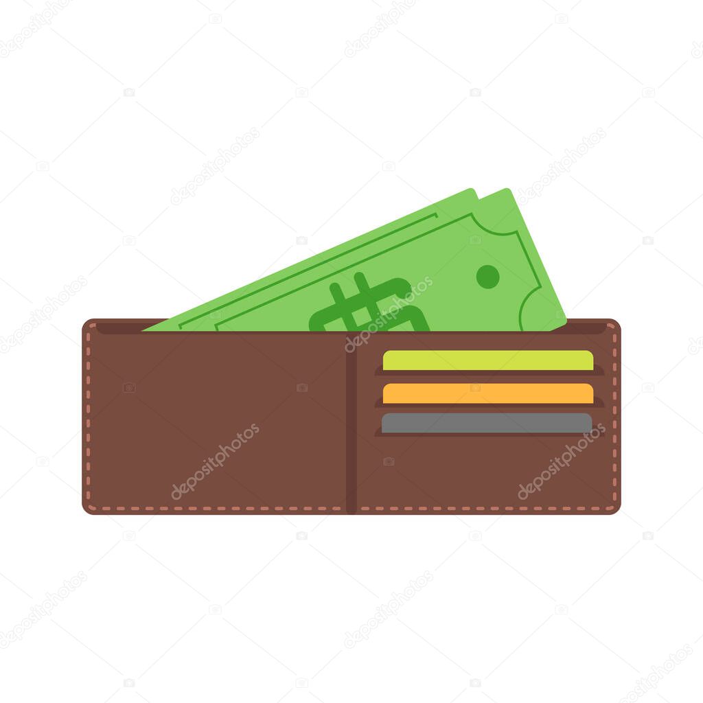 Money in wallet flat vector design for business and finance vector. Business credit open wallet finance money currency. Opened wallet flat style icon. With plastic cards financial dollar and cash.