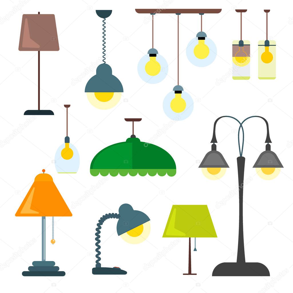 Set of lamps. Furniture and floor lamps and table lamps. Vector illustration lamp light isolated electric interior energy furniture. Floor lamps and table lamps home energy furniture modern equipment.