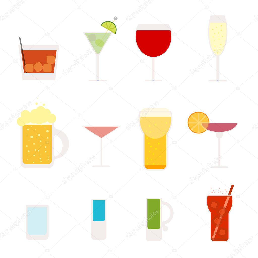 Vector illustration alcohol drink glasses icons. Cocktail bar beer alcoholic drinks. Wine beverage whiskey alcoholic drinks. Set different drinks cocktails and beer refreshment collection cold liquid.