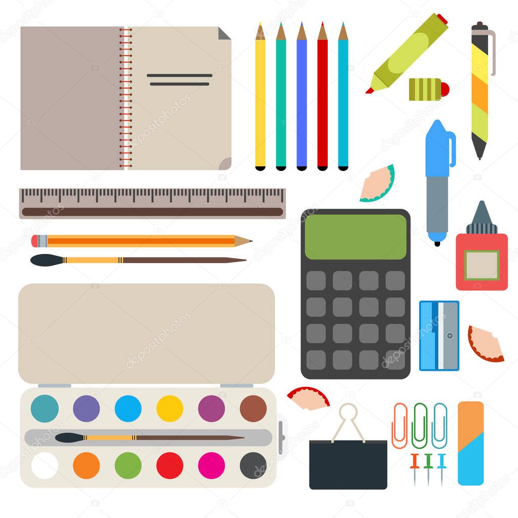 Back to school background with school supplies set vector illustration. Back to school ruler learning accessories student book school supplies set. School supplies from student backpack.