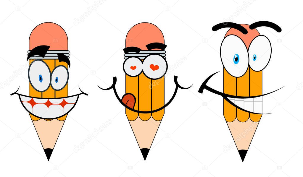 Set of cartoon pencils characters smiling color line student. Drawing education happy pencils characters vector set. Face draw cartoon write cute pencils characters office work mascot tool.