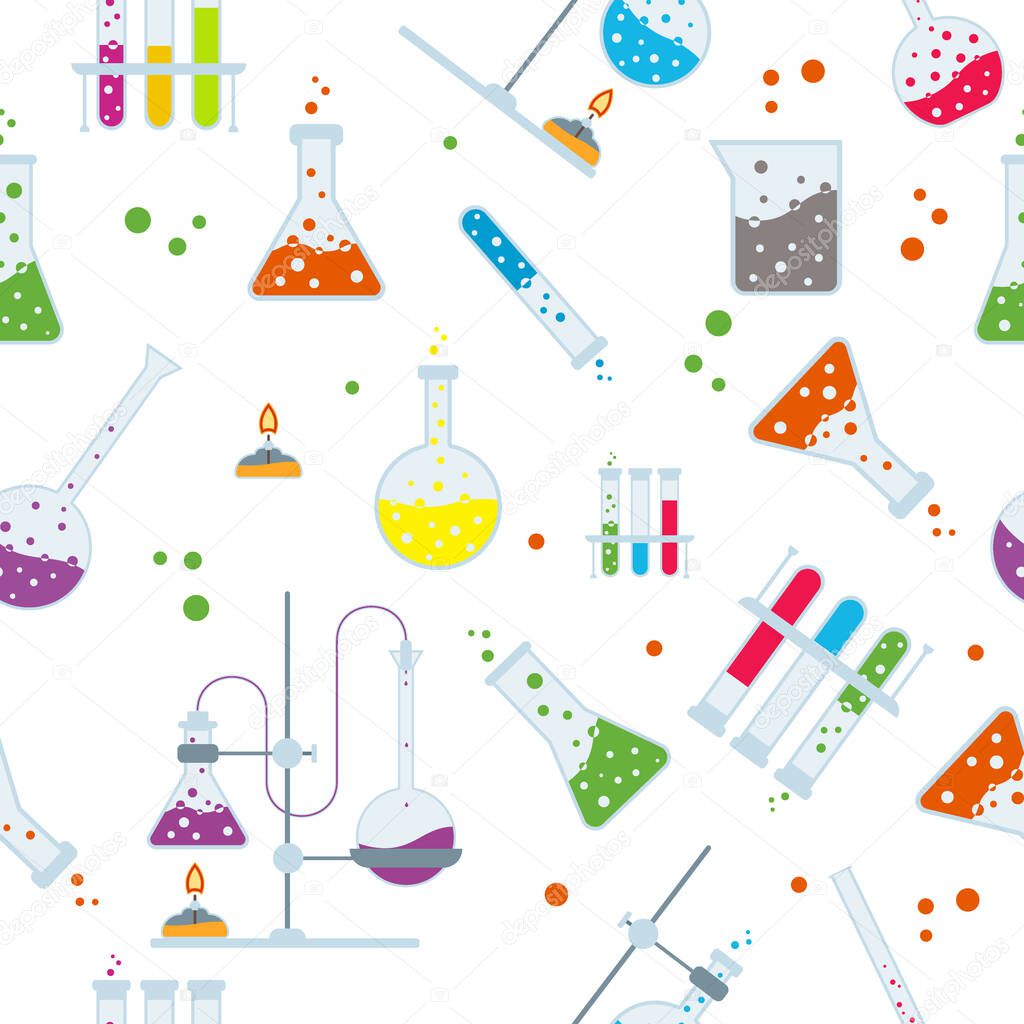 Seamless pattern of scientists lab flask science education, laboratory flasks and plants, physical and chemical formulas and vector of DNA and atom, experiment results and magnets. Lab flask pattern.
