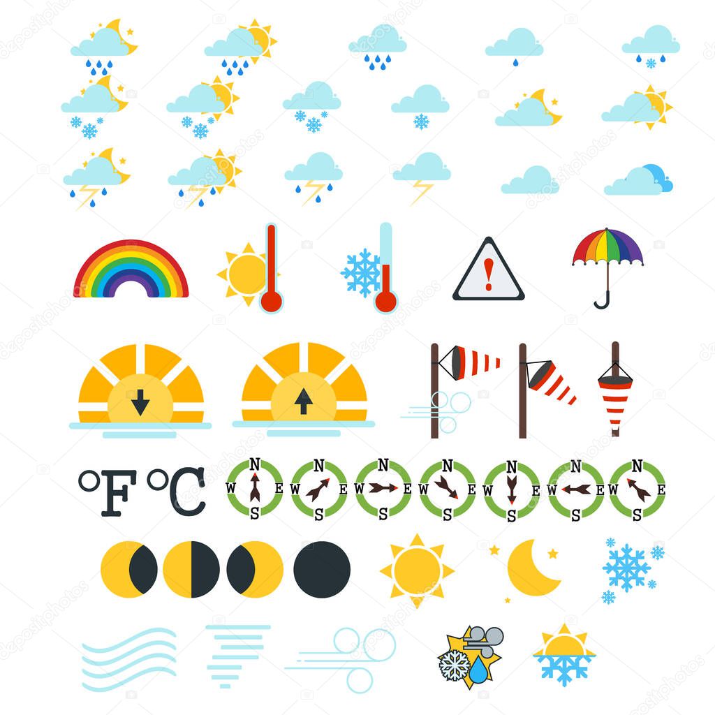 Set of weather icons windy cloud meteorology. Vector symbol snowflake snow storm weather icons thermometer element. Cloudy cold moon and rainy climate weather icons sunny forecast temperature.
