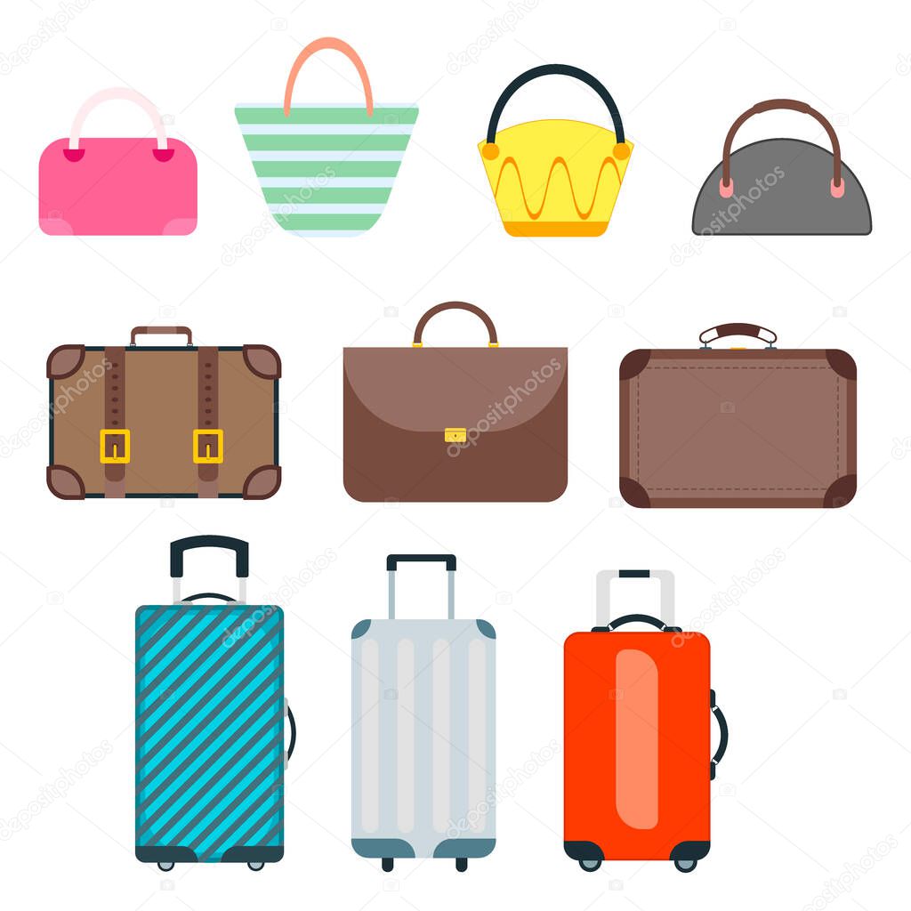 Large pile bags and suitcases travel. Journey trip baggage tourism travel bag accessory tourist voyage. Business summer luggage travel bag suitcase journey leather retro vector. Briefcase travel bag.