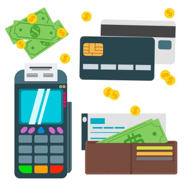 Alışveriş ödemesi ayarlandı. Kredi kartı web sitesi, nfc teknolojisi, mobil uygulama, atm ve terminal, para transferi, nakit ve fatura ile ödeme gibi düz konsept çizim yöntemleri.