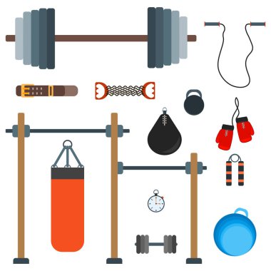 Düz fitness spor spor egzersiz ekipmanları düz set. Vector spor aletleri renkli şablon kas eğitimi. Spor aletleri çalışma yaşam tarzı.
