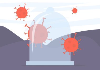 Karantina, koronavirüs, hayatınızı kurtarın. Evin etrafı virüslerle çevrili. Evde kal. Coronavirus salgını vektör kavramı. Covid-19 virüsü havada. Kendini karantinaya alarak evde kalmak. Virüslerden koru