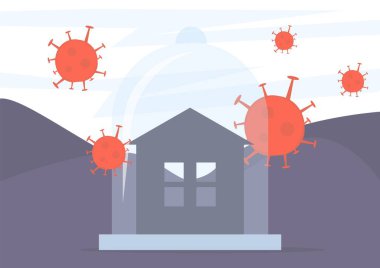 Karantina, koronavirüs, hayatınızı kurtarın. Evin etrafı virüslerle çevrili. Evde kal. Coronavirus salgını vektör kavramı. Covid-19 virüsü havada. Kendini karantinaya alarak evde kalmak. Virüslerden koru