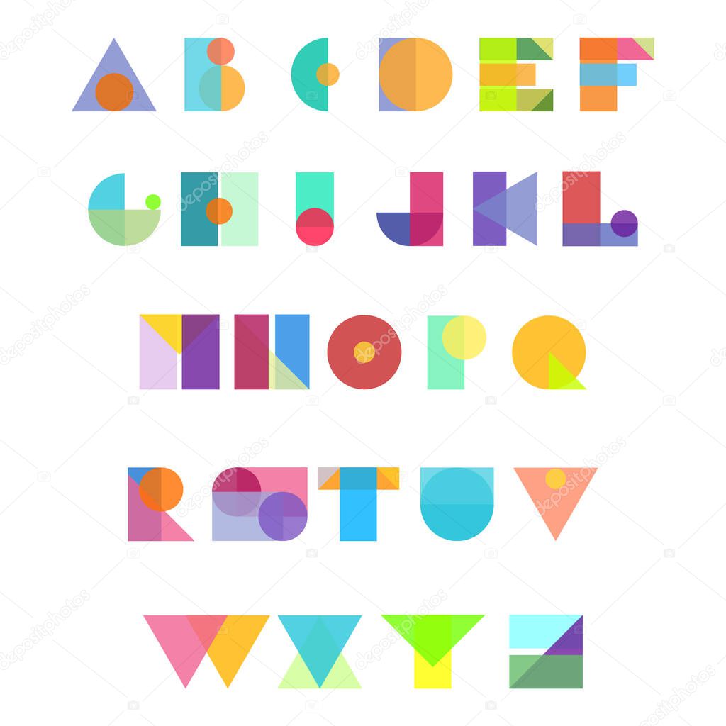 Alphabet geometric funny font. Vector font abstract alphabet. Colorful type letters paper style. Letters graphic trendy birthday greeting. Abc creative three dimensional alphabet set typography.
