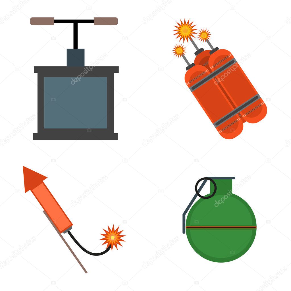 Vector isolated bombs icons set. War explosive danger bomb symbol. Vector destruction military bomb icon isolated. Dynamite fire cartoon arms power aggression set. Explosive danger symbol.