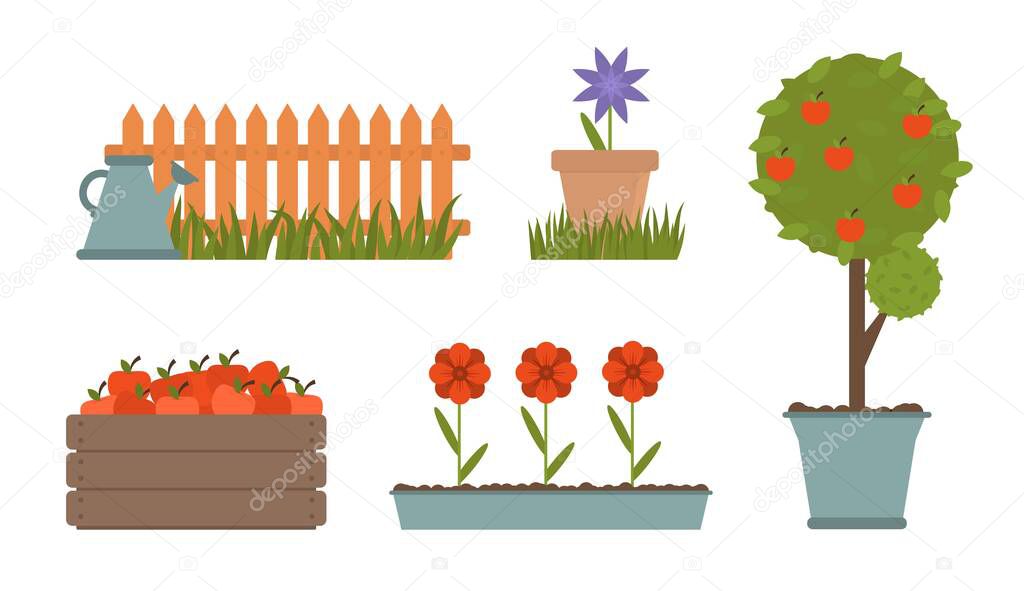 Concept of gardening. Garden tools. Summer garden landscape. Flat style, vector illustration. Green garden grass, fence, crate of apples and watering cane. Farm equipment. Harvesting