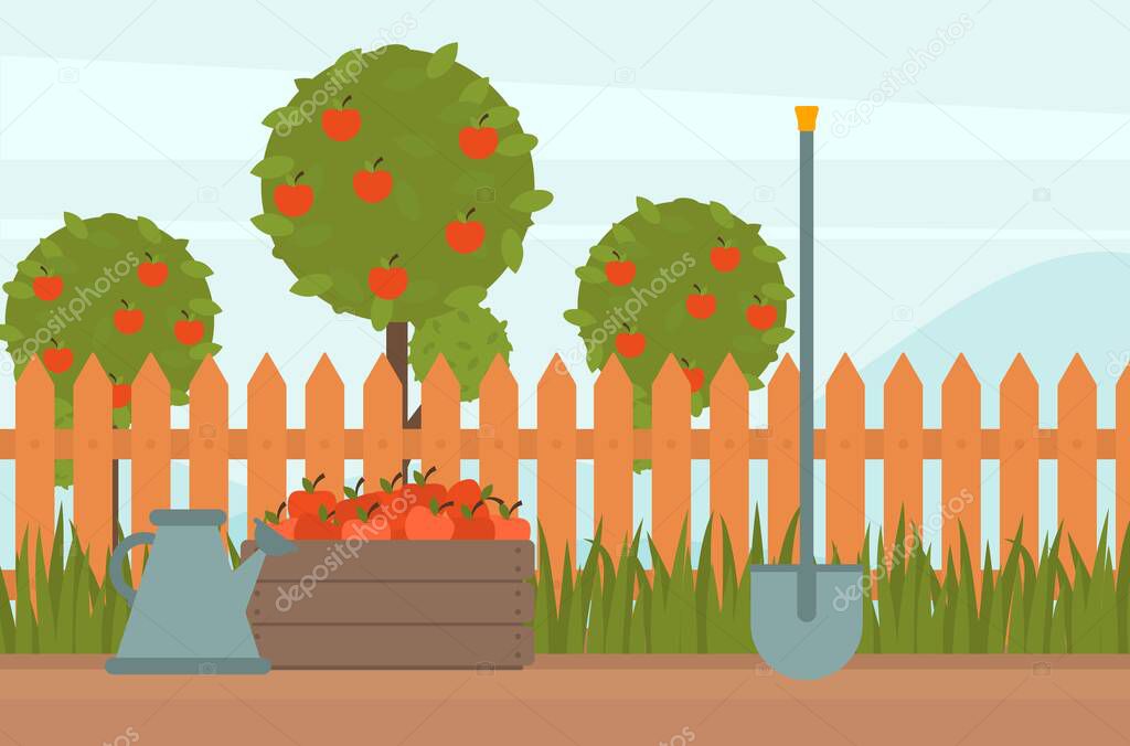 Concept of gardening. Garden tools. Banner with summer garden landscape. Vector illustration. Green garden grass, fence, crate of apples and watering cane. Farm equipment. Harvesting apple trees