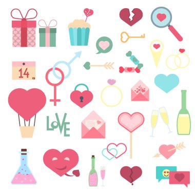 Sevgililer Günü ikonları tipografi tatil unsurlarını severler. Romantik düğün hediyesi kartı illüstrasyonları..